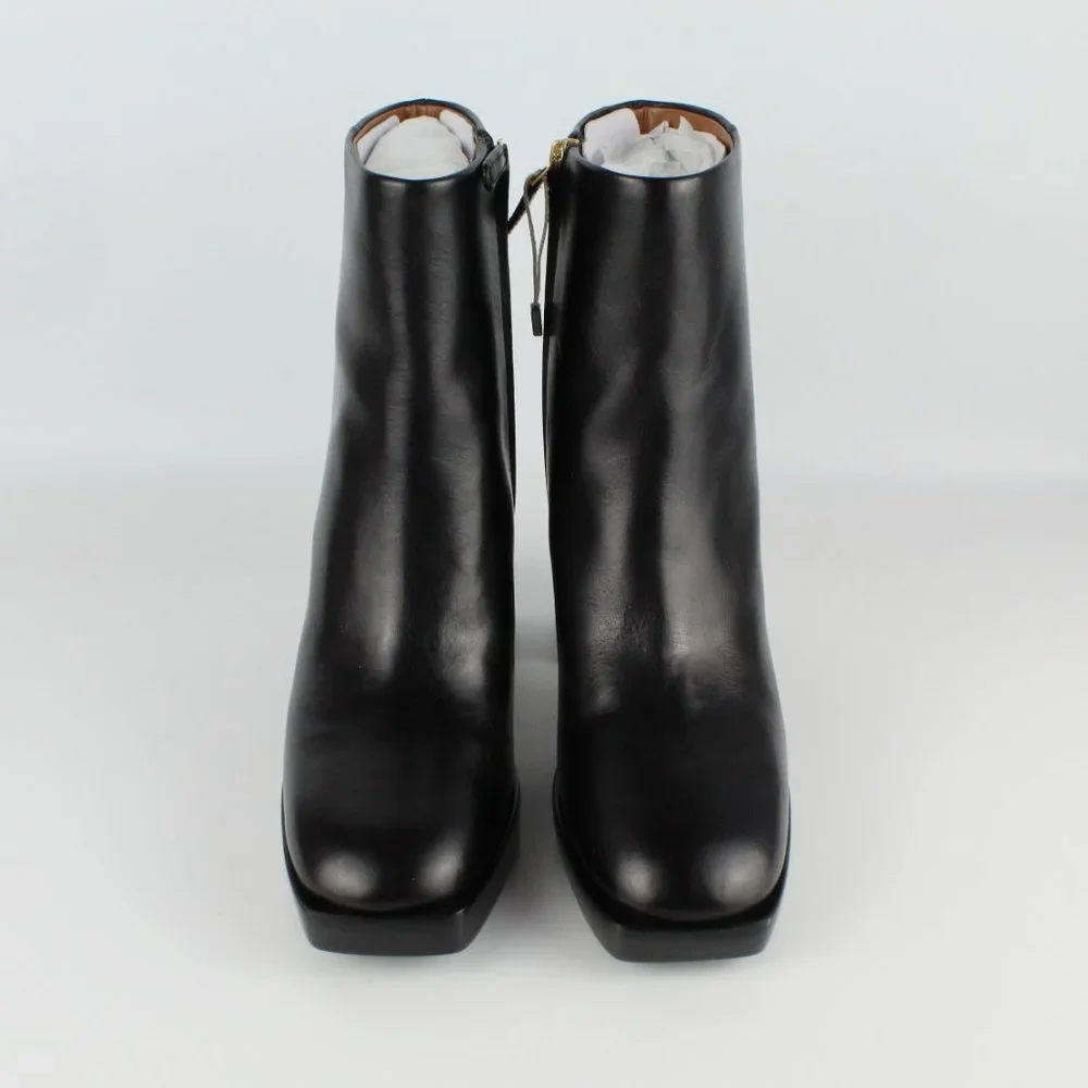 New TORY BURCH Ruby High Block Heel Chain Leather Booties, Black, US 8.5